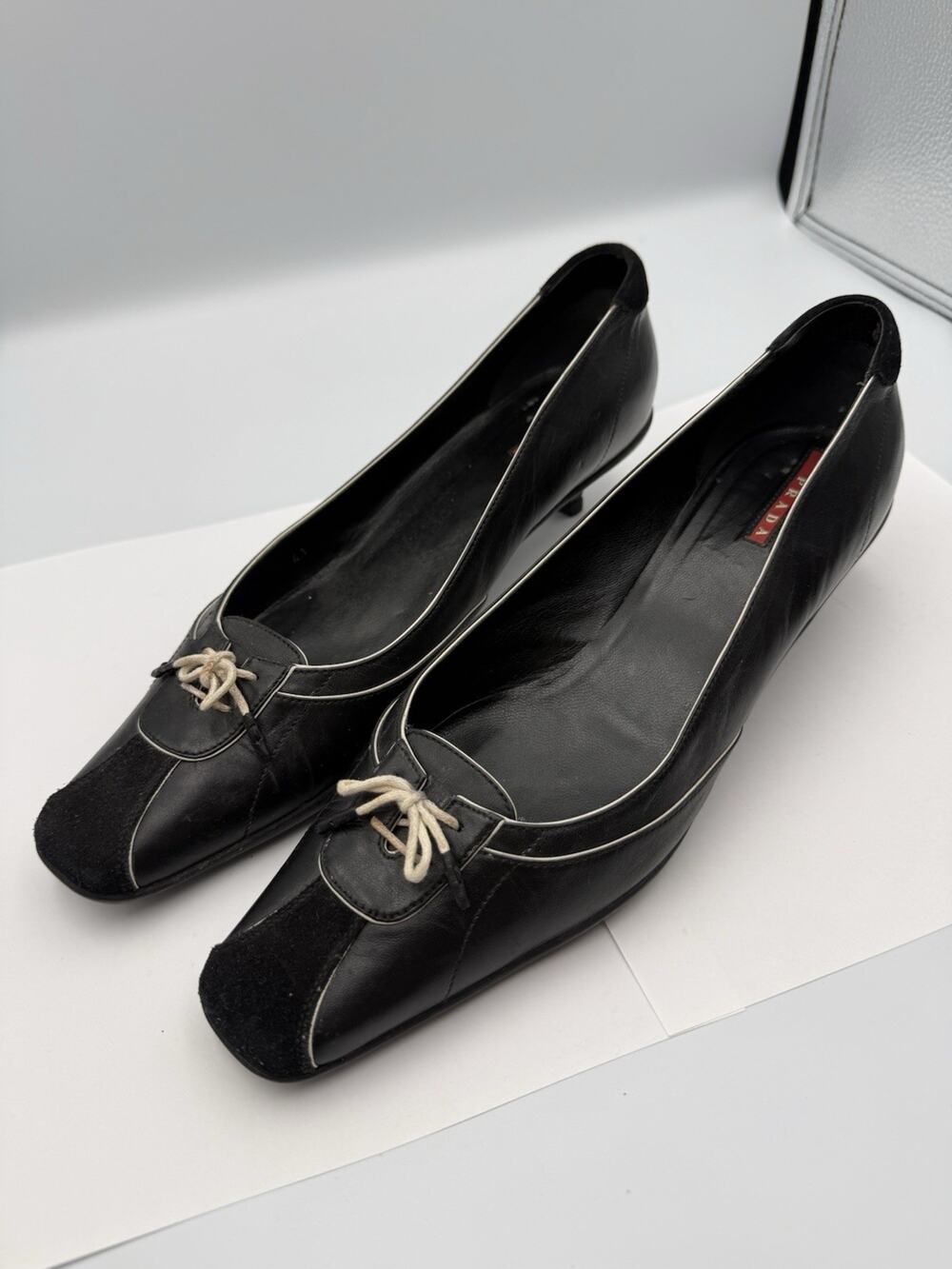 PRADA Vintage Sport Black Leather Kitten Heels Square Toe Bow Pumps 10.5/11 #34